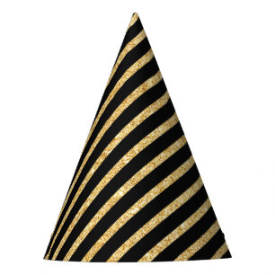 Gold Glitter and Black Diagonal Stripes Pattern Party Hat