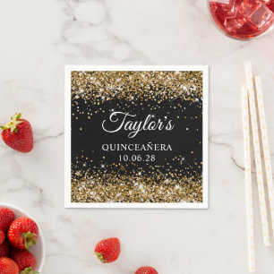 Gold Glitter and Black Personalised Quinceañera Napkin