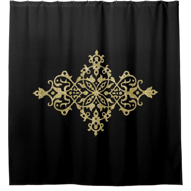 Gold Glitter and Black Shower Curtain (Front)