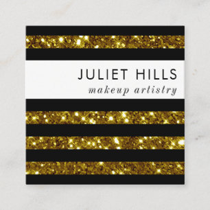 Gold Glitter and Black Stripe Square Business Card