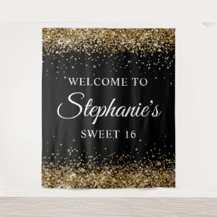 Gold Glitter and Black Welcome to Sweet 16 Tapestry