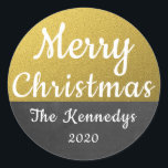 Gold Glitter And Chalkboard Merry Christmas Classic Round Sticker<br><div class="desc">Stylish and trendy gold glitter Christmas envelope seals. Personalise with family name and year.</div>