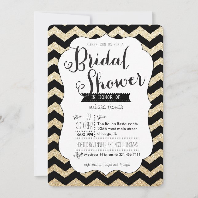 Gold Glitter and Chevron Bridal Shower Invitation (Front)