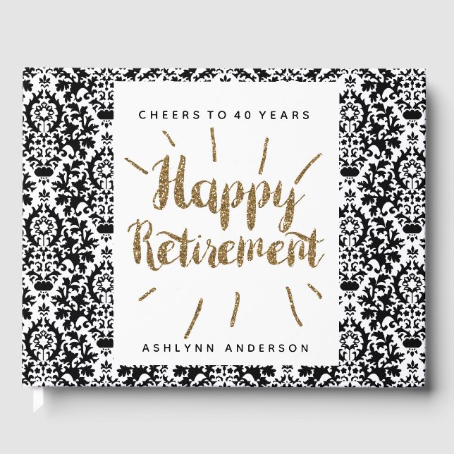 Gold Glitter and Damask Happy Retirement Guest Book (Front)
