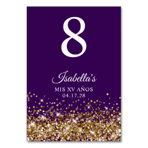 Gold Glitter and Dark Purple Mis XV Anos Table Number