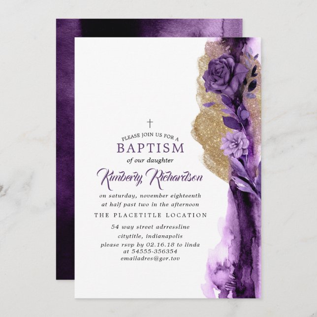 Gold Glitter and Dark Purple Modern Floral Baptism Invitation (Front/Back)