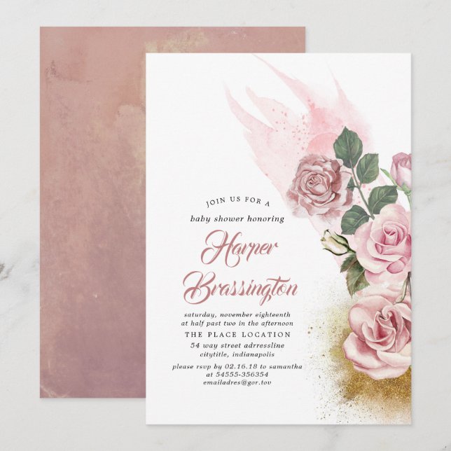 Gold Glitter and Dusty Rose Floral Baby Shower Invitation (Front/Back)