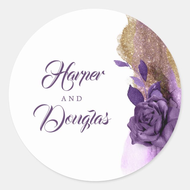 Gold Glitter and Eggplant Purple Wedding Classic Round Sticker (Front)
