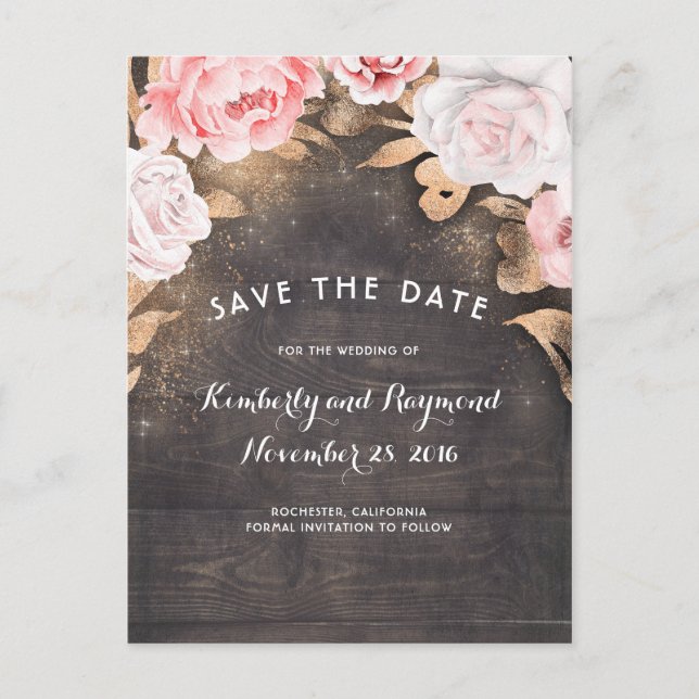 Gold Glitter and Floral Rustic Wood Save the Date Announcement Postcard (Front)