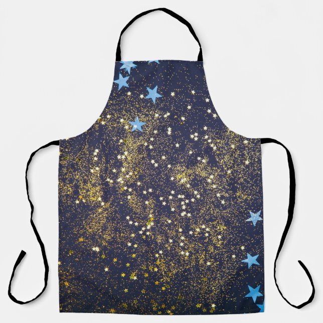 Gold glitter and glittering blue stars on black ba apron (Front)