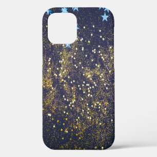 Gold glitter and glittering blue stars on black ba iPhone 12 case