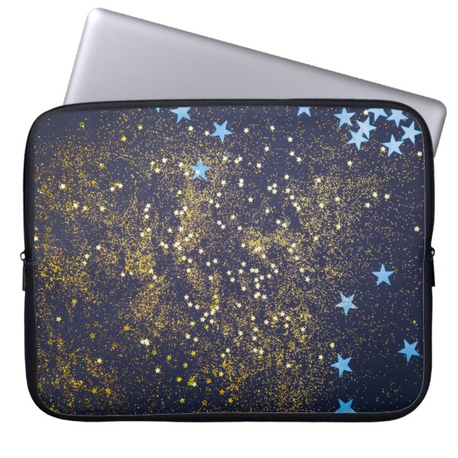 Gold glitter and glittering blue stars on black ba laptop sleeve (Front)