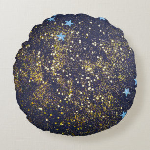 Gold glitter and glittering blue stars on black ba round cushion