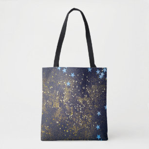 Gold glitter and glittering blue stars on black ba tote bag