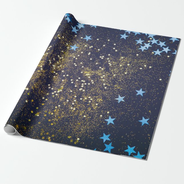 Gold glitter and glittering blue stars on black ba wrapping paper (Unrolled)