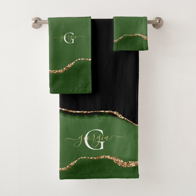 Gold Glitter and Green Agate Monogram Bath Towel Set (Insitu)