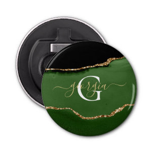 Gold Glitter and Green Agate Monogram Bottle Opener
