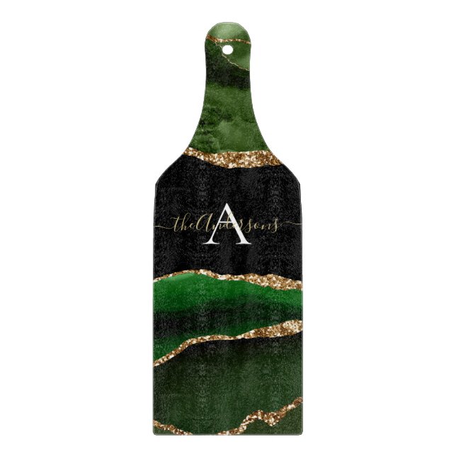 Gold Glitter and Green Agate Monogram Cutting Board (Front)