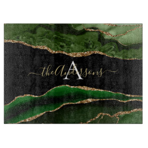 Gold Glitter and Green Agate Monogram Cutting Board