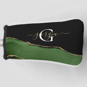 Gold Glitter and Green Agate Monogram Golf Head Cover