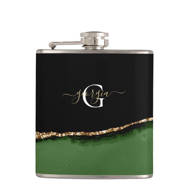 Gold Glitter and Green Agate Monogram Hip Flask (Front)