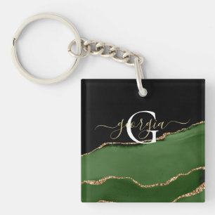 Gold Glitter and Green Agate Monogram Key Ring