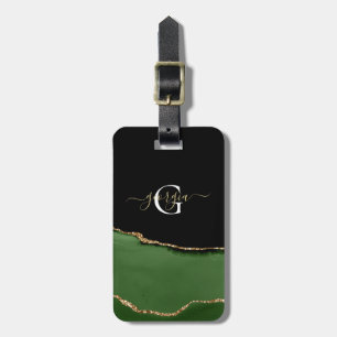Gold Glitter and Green Agate Monogram Luggage Tag