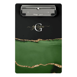 Gold Glitter and Green Agate Monogram Mini Clipboard