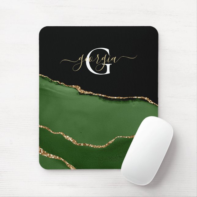 Gold Glitter and Green Agate Monogram Mouse Pad (With Mouse)