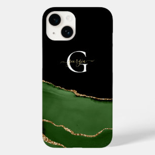 Gold Glitter and Green Agate Monogram Name Case-Mate iPhone 14 Case