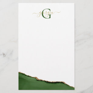 Gold Glitter and Green Agate Monogram Name Stationery