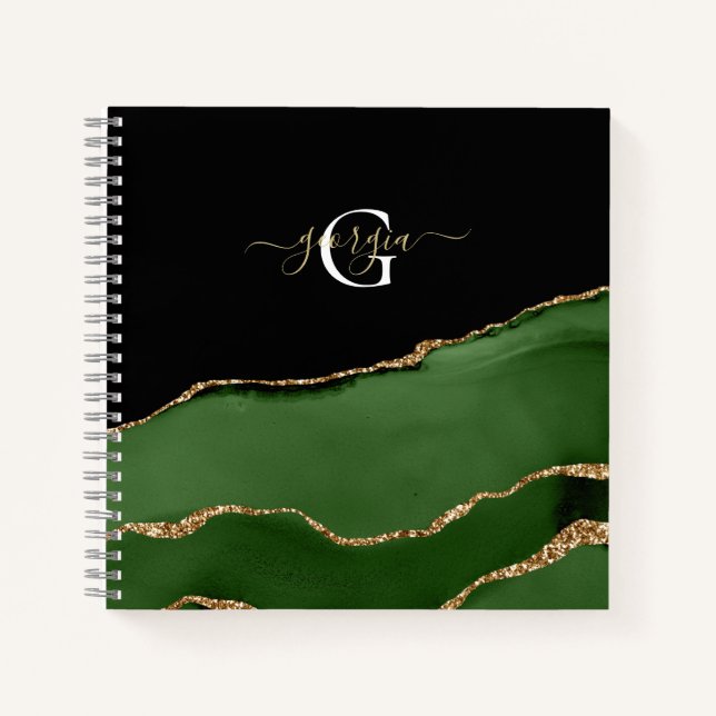 Gold Glitter and Green Agate Monogram Notebook (Front)
