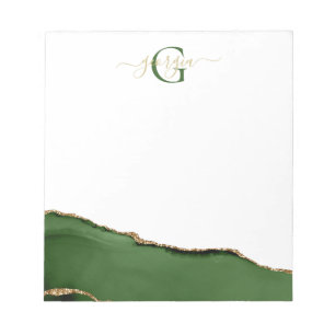 Gold Glitter and Green Agate Monogram Notepad
