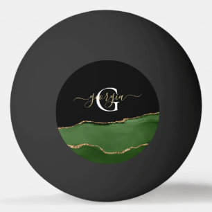 Gold Glitter and Green Agate Monogram Ping Pong Ball