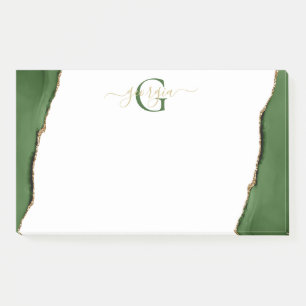 Gold Glitter and Green Agate Monogram Post-it Notes
