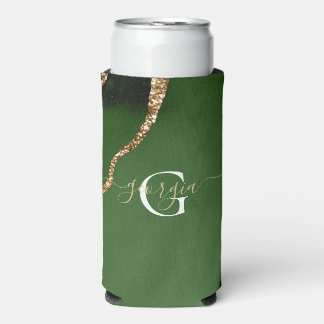 Gold Glitter and Green Agate Monogram Seltzer Can Cooler (Seltzer Front)