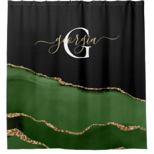 Gold Glitter and Green Agate Monogram Shower Curtain
