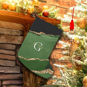 Gold Glitter and Green Agate Monogram Small Christmas Stocking