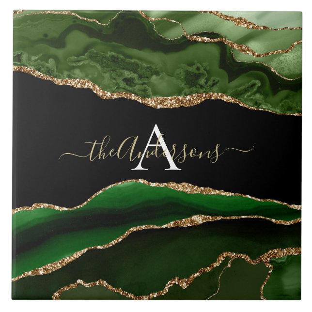 Gold Glitter and Green Agate Monogram Tile (Front)