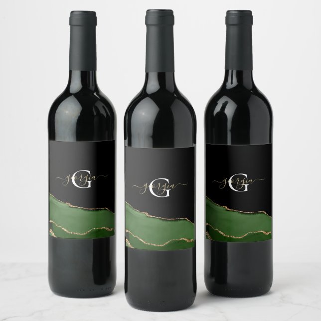 Gold Glitter and Green Agate Monogram Wine Label (Bottles)