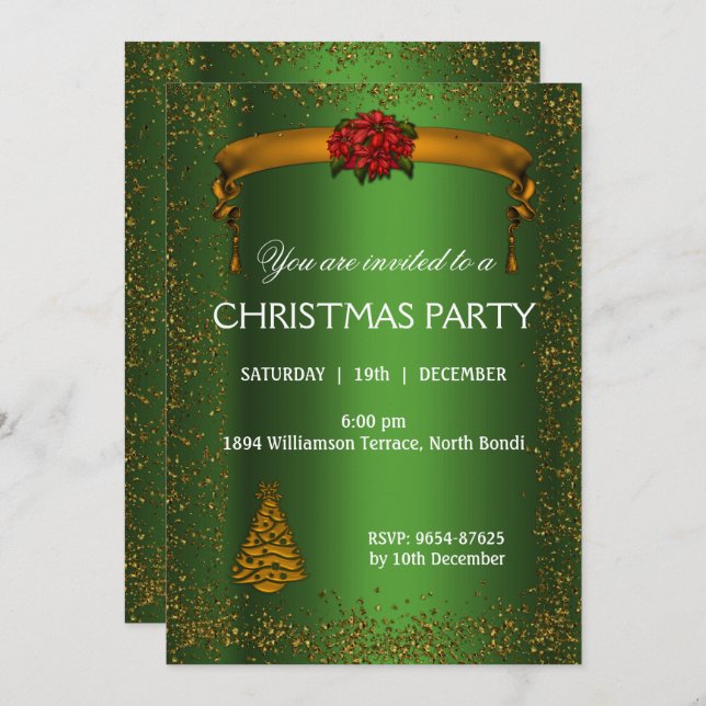 Gold Glitter and Green Christmas Invitation (Front/Back)