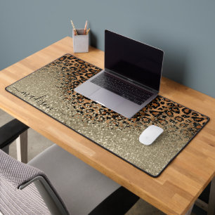 Gold Glitter and Leopard Pattern - Personalise Desk Mat