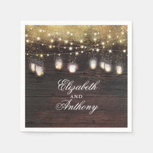 Gold Glitter and Mason Jar Lights Rustic Napkin