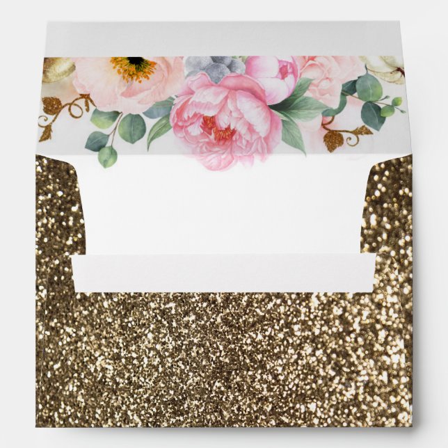 Gold Glitter and Pink Flowers Fall Wedding Envelope (Back (Bottom))