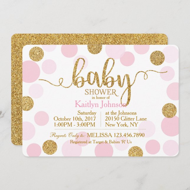 Gold Glitter and Pink Scattered Dots Baby Shower Invitation (Front/Back)