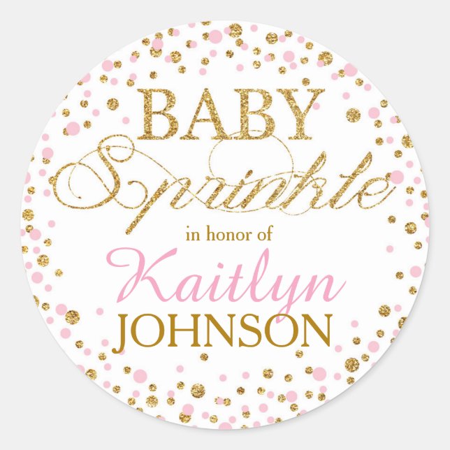 Gold Glitter and Pink Sprinkle Baby Shower Label (Front)