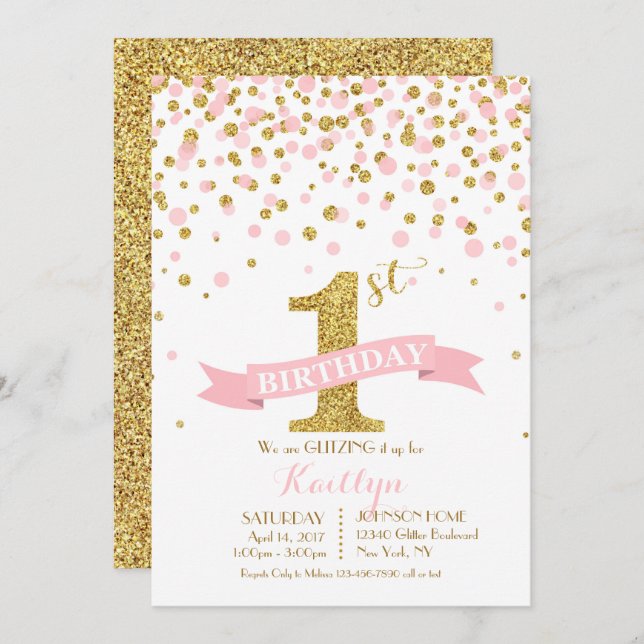 Gold Glitter and Pink Sprinkles Modern Birthday Invitation (Front/Back)