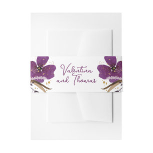 Gold Glitter and Purple Flowers Wedding Invitation Belly Band