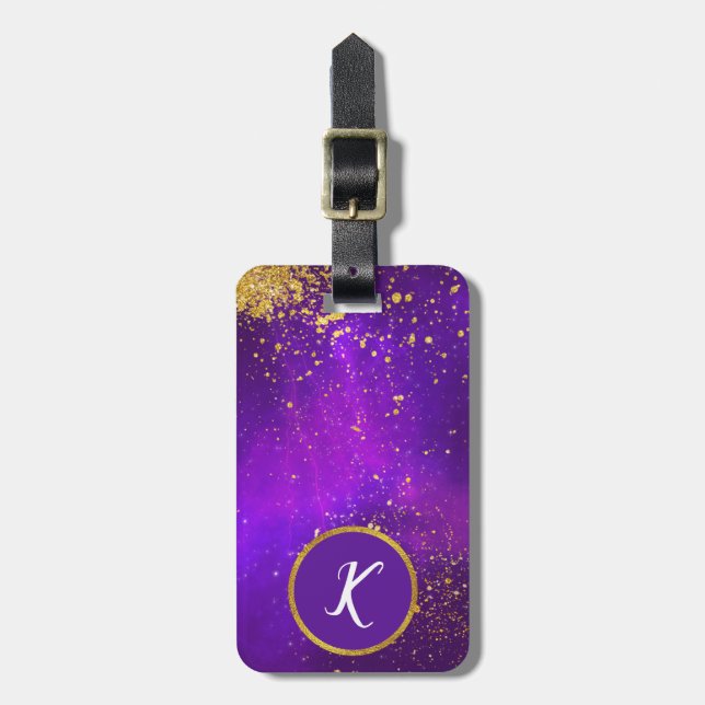 Gold Glitter and Purple Galaxy Luggage Tag (Front Vertical)
