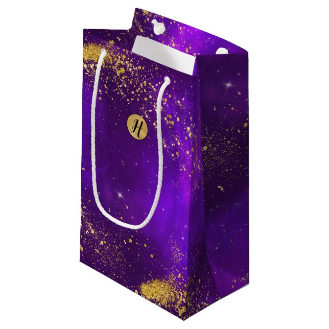 Gold Glitter and Purple Galaxy Monogram Gift Bag (Front Angled)